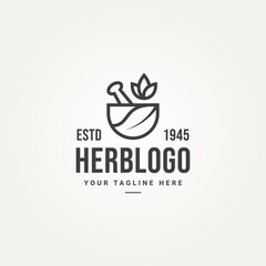 minimalist isolated natural herb line art badge logo template vector illustration design. simple mortar pestle leaf bowl alternative medicine pharmacy emblem logo concept - obrazy, fototapety, plakaty