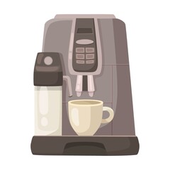 Coffeemaker with milk frother vector illustration. Coffee or espresso machines with filters, cups and mugs, moka pot on white background