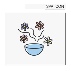 Sauna aroma bowl color icon. Steel aromatherapy oil cup on fire. Beauty procedures. Cosmetology. Spa concept. Isolated vector illustration