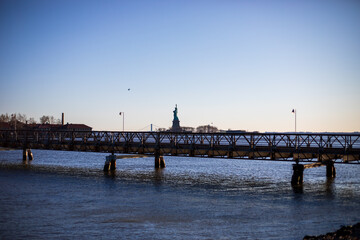 Jersey City, New Jersey, USA - December 22 2021: Statue of Liberty. View from Statue of Liberty State Park.