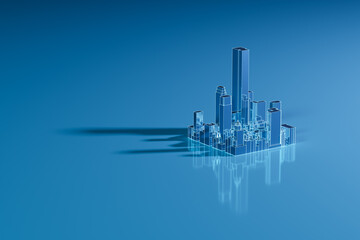 Obraz premium City block engineering model on reflective surface with copy space. 3D rendering.