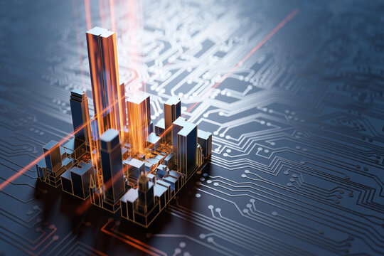City On A Circuit Board With Beautiful Hi-tech Light Effects And Copy Space. 3D Rendering.