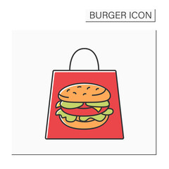 Delivery color icon. Tasty burger inside packet. Fast delivery from cafe. Unhealthy food. Fast food concept. Isolated vector illustration