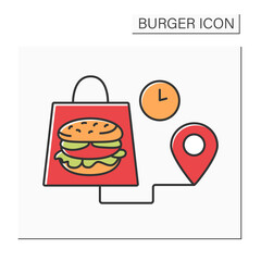 Delivery color icon. Fast delivery from cafe to location. Ordering delicious burgers. Fast food concept. Isolated vector illustration