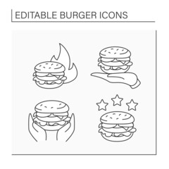 Burger line icons set. Hot proposal, burger on palm, popular choice. Rte with three stars. Fast food concept. Isolated vector illustrations. Editable stroke