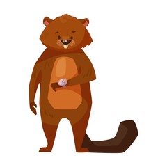 Funny beaver looks at clock cartoon illustration. Cute rodent with saw, meter ruler and hummer gnawing wood, sitting in lotus pose on white background