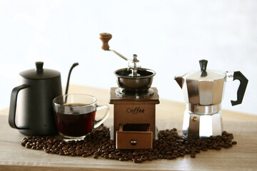 Manual coffee grinder with coffee bean and Drip Kettle Set - obrazy, fototapety, plakaty
