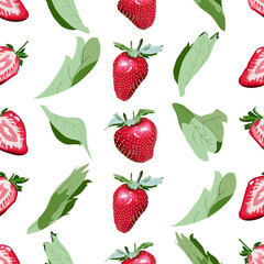 Whole and halved fresh strawberries and leaves pattern on white background. Hand drawn vector seamless for kitchen textile such as apron, towel, tablecloth or for home decor such as wallpaper, bedding