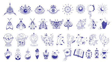 Magical symbols of the witch. Collection of witches and magic in Boho style with symbols of the eye, clock, moon, sun, crystal, butterfly. Isolated alchemy and esotericism, the wizard of witchcraft © ZinetroN