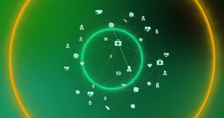 Image of neon circles over connections on green background