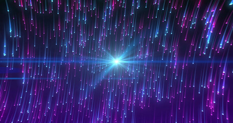 Image of star appearing over black background with pink and blue falling lights