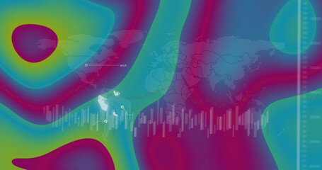 Image of world map and data processing over multicolour changing background