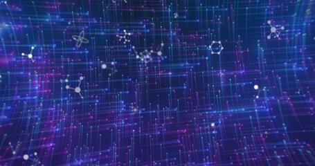 Image of molecules moving on navy background with lights
