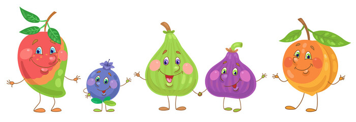 Set of funny fruits in cartoon style. Mango, blueberry, figs and peach. Isolated on white background. Vector flat illustration.