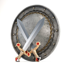 Naklejka premium Round metal shield and swords isolated on white background. 3D illustration