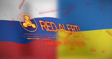 Image of red alert text and symbol over flags of russia and ukraine