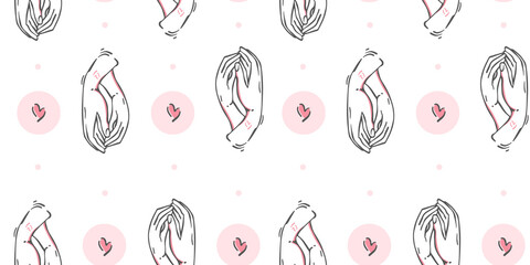 Vector seamless pattern of two hands and a heart in a minimal concise linear style. Love concept, isolated textile design template, print.
