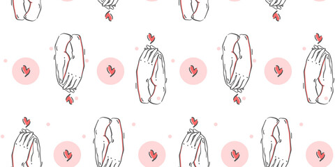 Vector seamless pattern of two hands and a heart in a minimal concise linear style. Love concept, isolated textile design template, print.
