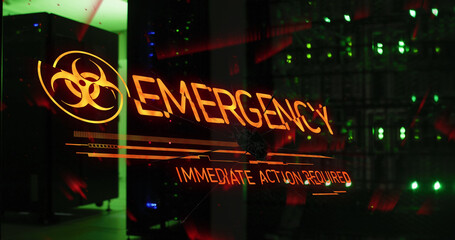 Image of emergency text and symbol over server room