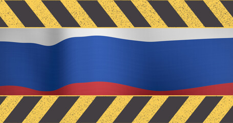 Image of warning tape over russian flag