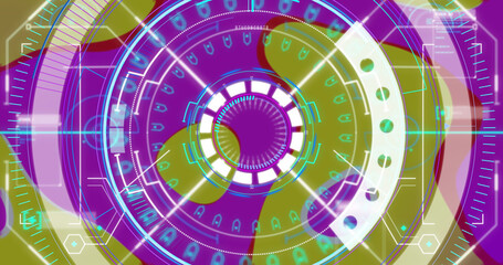 Image of processing circle over background with changing colorful shapes