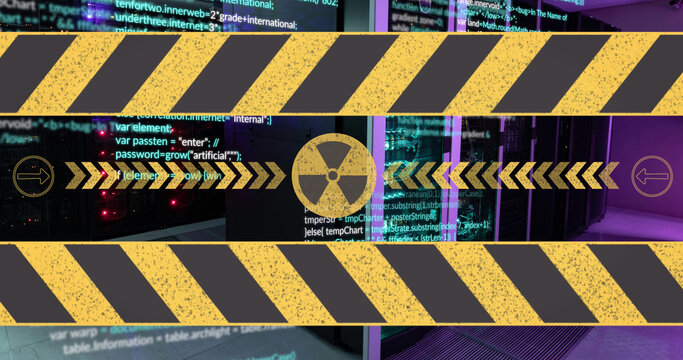 Image of nuclear symbol over data processing and server room - Powered by Adobe
