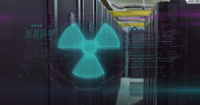 Image of nuclear symbol over data processing and server room - Powered by Adobe
