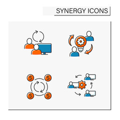 Synergy color icons set. Interaction or cooperation of organizations.Corporate investment, creative collaboration, sync devices. Coworking concept. Isolated vector illustrations