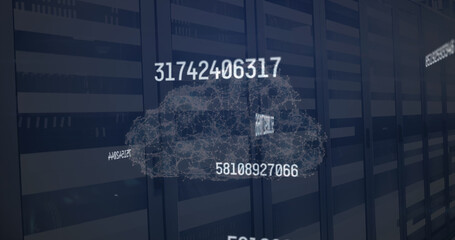 Image of data processing and cloud over server room