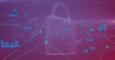Image of data processing and padlock over black background
