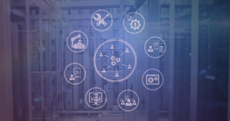 Image of media icons over server room