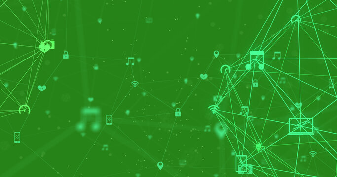Image of network of connections with icons on green background