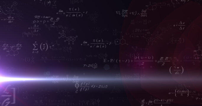 Image of mathematical equations and light trail on black background