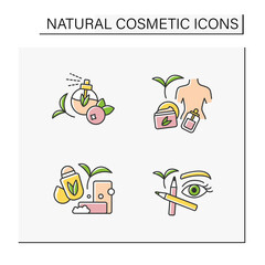 Natural cosmetic color icons set. Organic soap and deodorant, perfume, brow and eye pencil, serum for body moisturizing. Self-care concept. Isolated vector illustrations