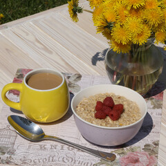breakfast with porridge and coffee