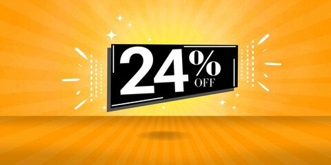 24% off limited special offer. Banner with twenty four percent discount on a  orange background with black square