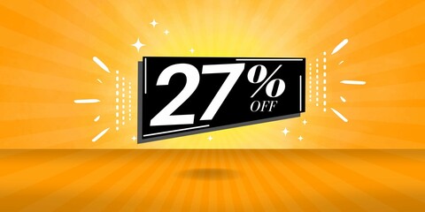 27% off limited special offer. Banner with twenty seven percent discount on a  orange background with black square