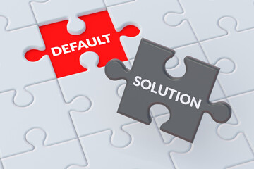 Word default and solution on puzzle pieces jigsaw. Financial crisis. Default on debt obligations. Bankruptcy of the banking sector. Economic problem. Inflation, devaluation. 3d render