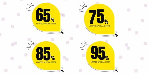 65% off,  75% off,  85% off,  95% off. Banner with sixty five, seventy five, eighty five and ninety five percent discount on a white background with yellow ballons