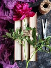 Branch of red peony on books tied with twine with vintage scissors, skein of twine and cloth on black concrete background. Rustic flatlay with bouquet of summer flowers.