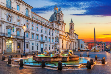 Famous Piazza Navona at sunset with buildings and Fountains, Rome, Italy - obrazy, fototapety, plakaty