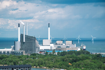 Areal view of Amager Bakke, Slope or Copenhill, incineration plant, heat and power waste-to-energy plant and offshore wind turbines power in the Baltic Sea - obrazy, fototapety, plakaty