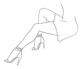High heels legs. Woman sitting sideways in a high heel shoes. Vector line art illustration