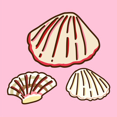 Hand drawn vector of clam, cockle and seashell isolated on light pink background.