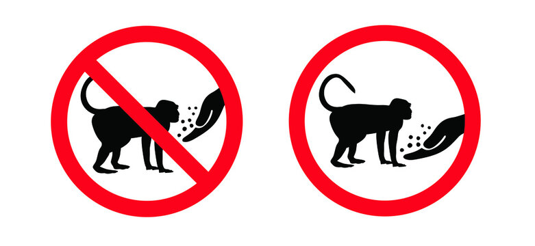 Stop, ddo not feed or touch, pet. No Hand feeds. For monkeypox or monkey pox infection, viral disease pictogram or logo. Infectious virus outbreak pandemic. Disease spread, symptoms or precautions ico