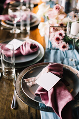 Modern romance boho vintage wedding composition. Long table festive wedding  decoration