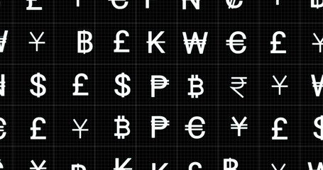 Image of rows of currency signs moving on black background