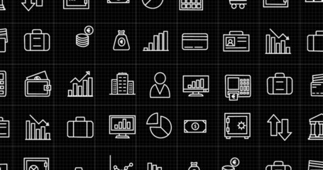 Image of rows of business icons moving on black background