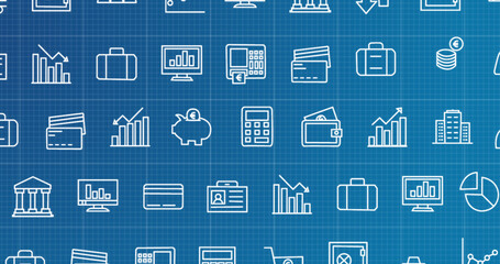 Fototapeta premium Image of rows of business icons moving on blue background