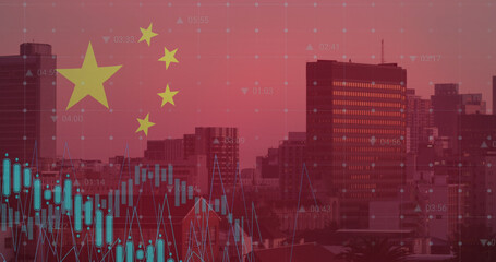Image of flag of china and data processing over cityscape